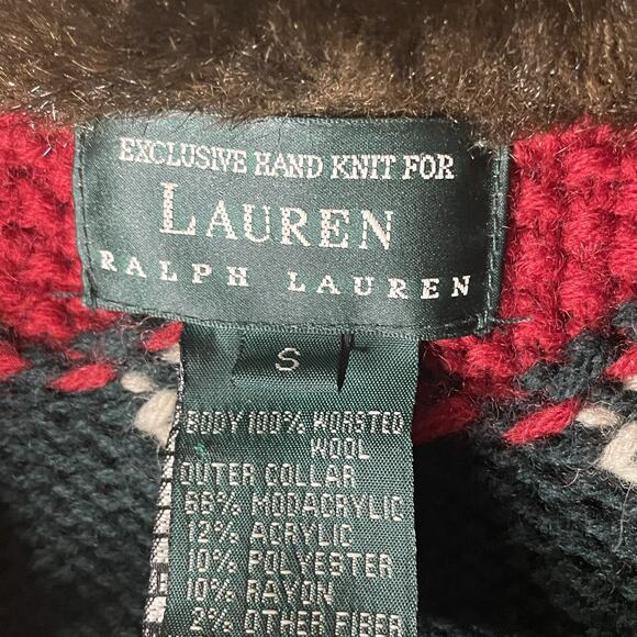 VTG Ralph Lauren Handknit Reindeer Wool Sweater Cardigan Faux Fur Holiday Sz S/M - Picture 4 of 16